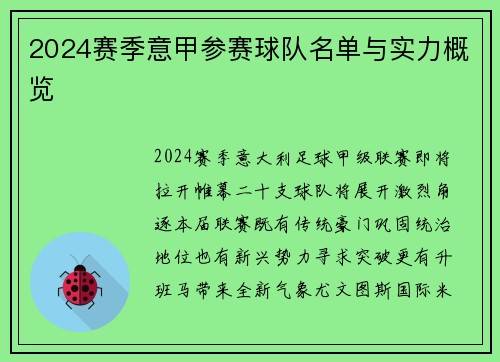 2024赛季意甲参赛球队名单与实力概览